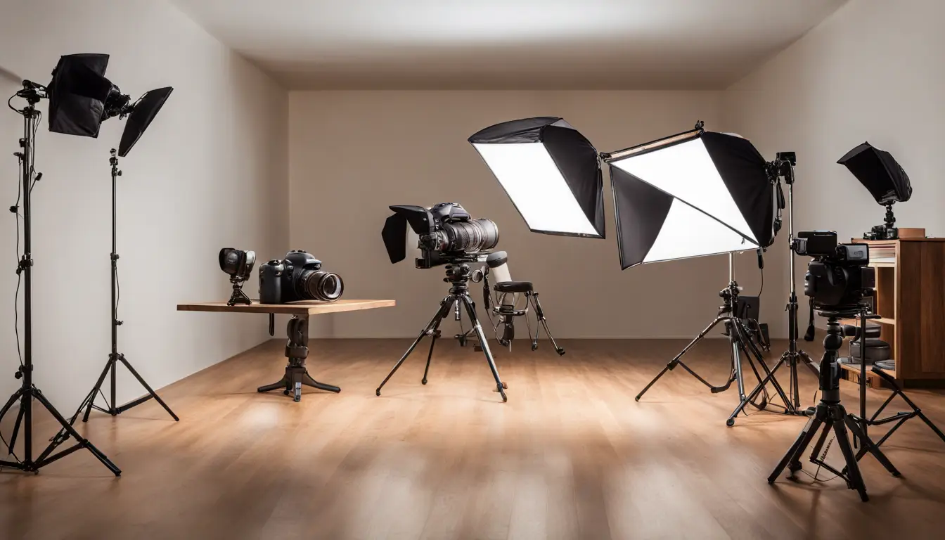 Câmera em estúdio com histograma na tela, cercada por equipamentos fotográficos em mesa de madeira, fundo iluminado.