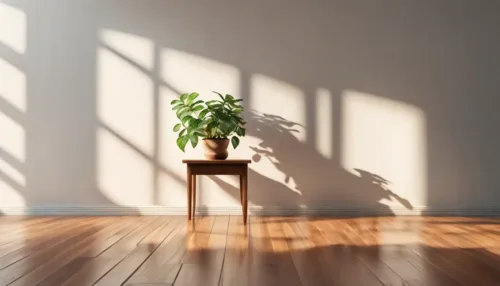 Luz solar entrando por uma janela grande ilumina uma planta em vaso e uma câmera vintage sobre uma mesa de madeira.