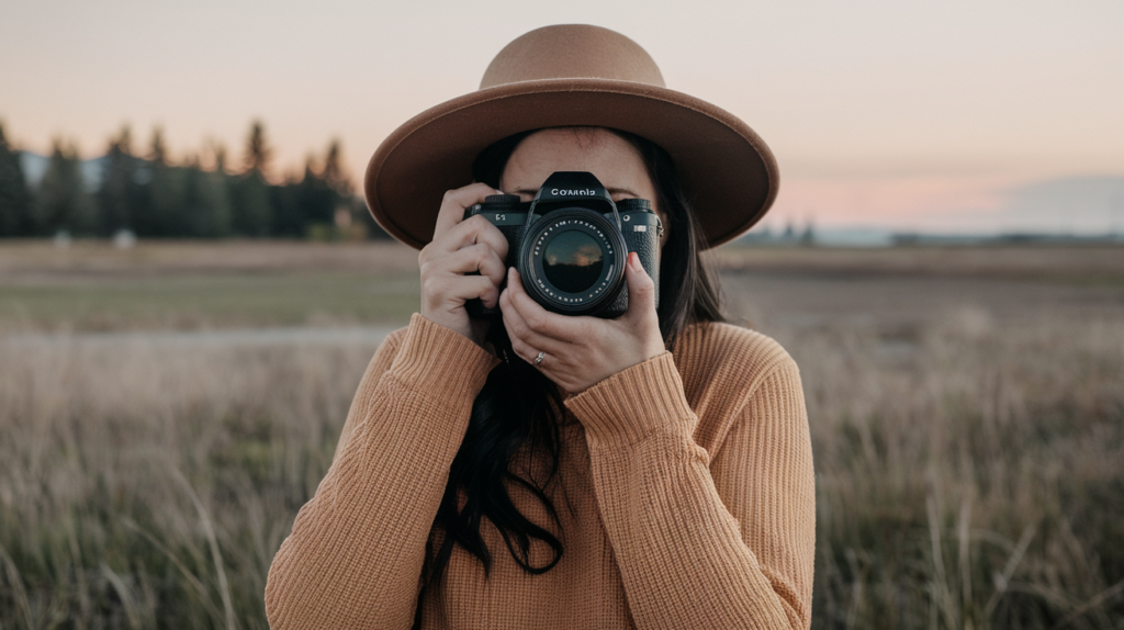 mulher de chapéu fotografando com cãmera DSLR na frente do rosto